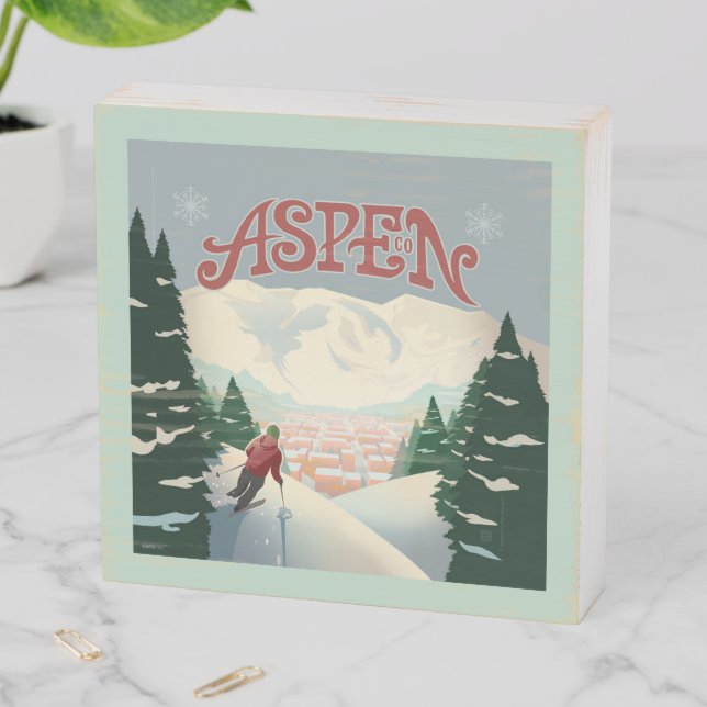 Aspen Skier | Colorado Wooden Box Sign (In Situ Horizontal)