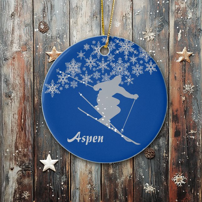 Aspen Snowflake Skier Personalized Ceramic Ornament (Creator Uploaded)