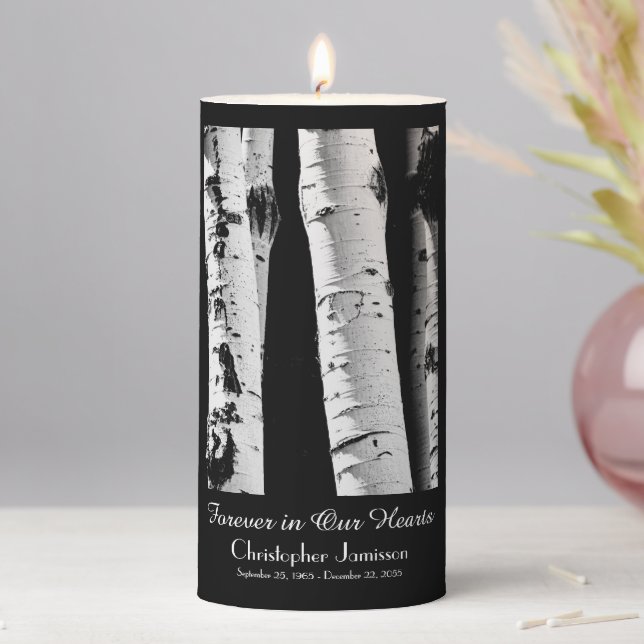 Aspen Trees Black and White Memorial Pillar Candle (In Situ)