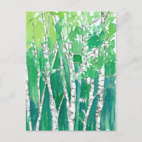 Aspen Trees Watercolor Emerald Green Art Postcard