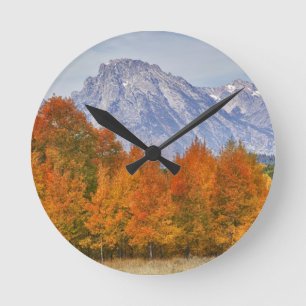 Aspen trees with the Teton mountain range Round Clock