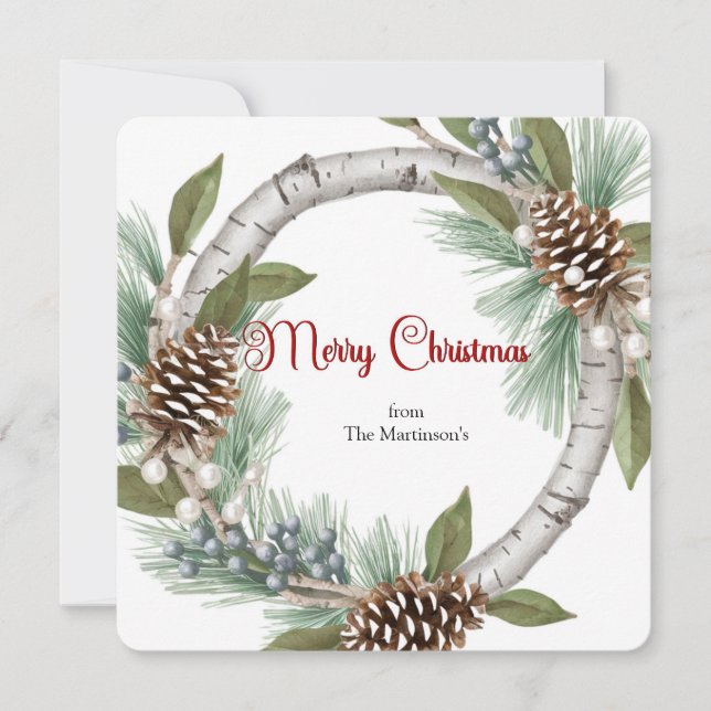 Aspen Wreath with Pinecones Christmas Card (Front)