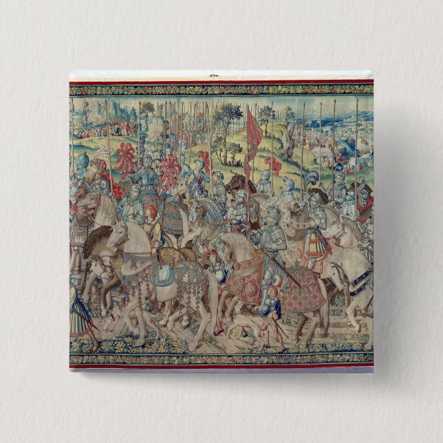 Assembling the Riders, from the tapestry of 'David Pinback Button (Front)