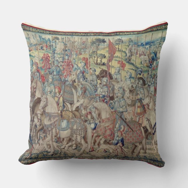 Assembling the Riders, from the tapestry of 'David Throw Pillow (Front)
