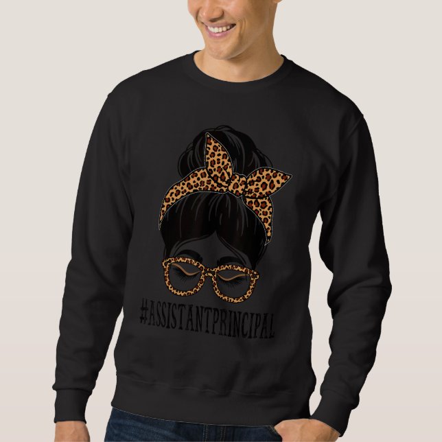 Assistant Principal Leopard Messy Bun Women Back T Sweatshirt (Front)