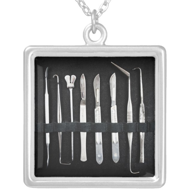 Assorted Antique Embalming Tools Silver Plated Necklace (Front)