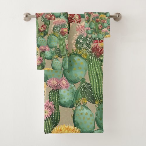 Assorted Blooming Cactus Plants Bath Towel Set