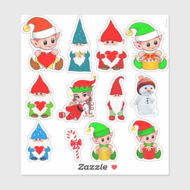 Assorted Christmas Gnomes, Elves & Snowman Sticker (Sheet)