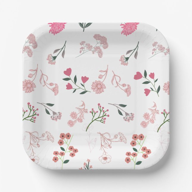Assorted Delicate Flowers in Pattern Print Paper Plates (Front)
