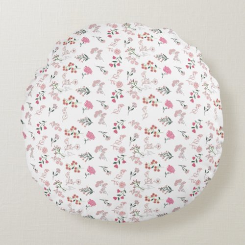 Assorted Delicate Flowers in Pattern Print  Round Pillow