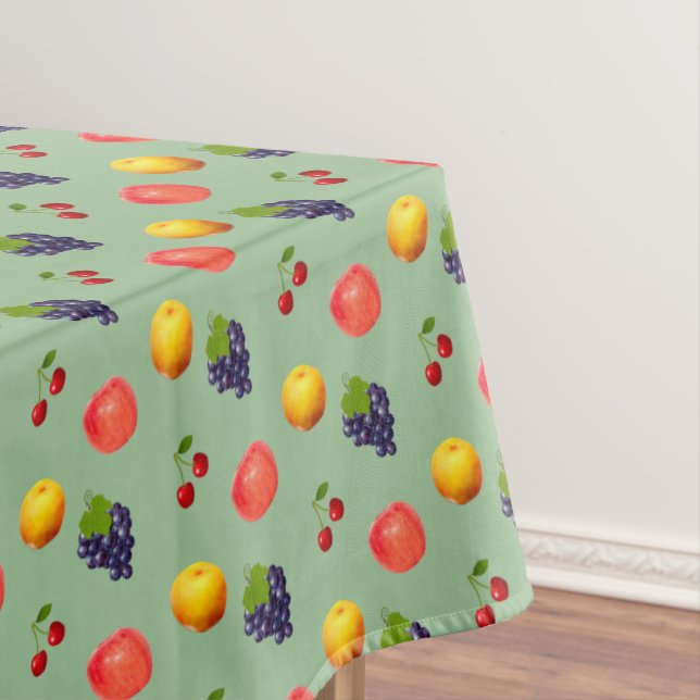 Assorted Fresh Fruits on Laurel Green Tablecloth (In Situ)