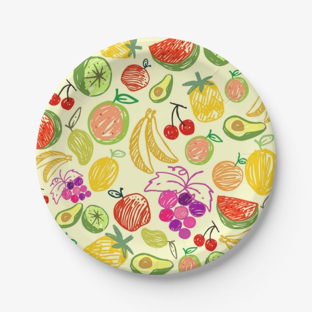 Assorted Fruit Doodle Pattern Paper Plates (Front)