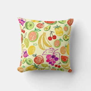 Assorted Fruit Doodle Pattern Reversible Yellow Throw Pillow