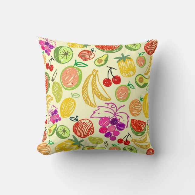 Assorted Fruit Doodle Pattern Reversible Yellow Throw Pillow (Front)
