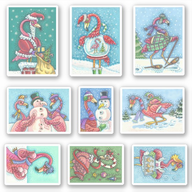 ASSORTED FUNNY PINK FLAMINGO CHRISTMAS BIRDS STICKER (Front)