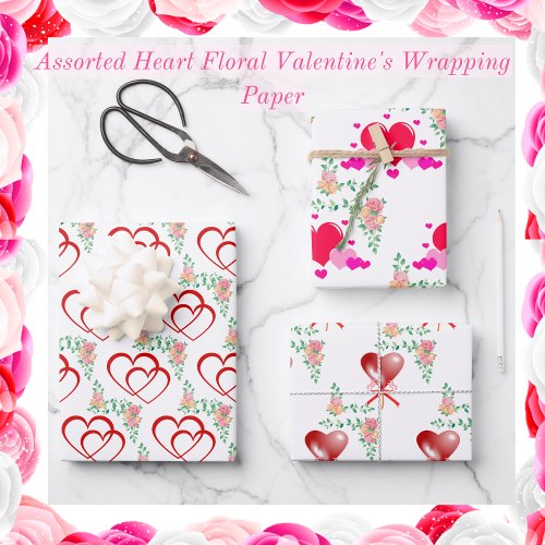 Assorted Heart Floral Valentines Wrapping Paper