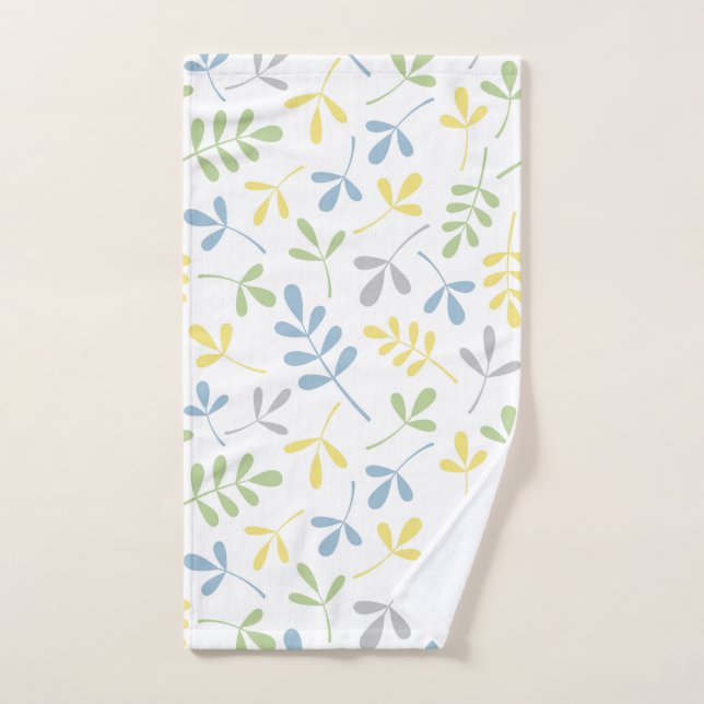 Assorted Leaves Big Ptn Blue Grn Gray Yellow White Hand Towel (Hand Towel)