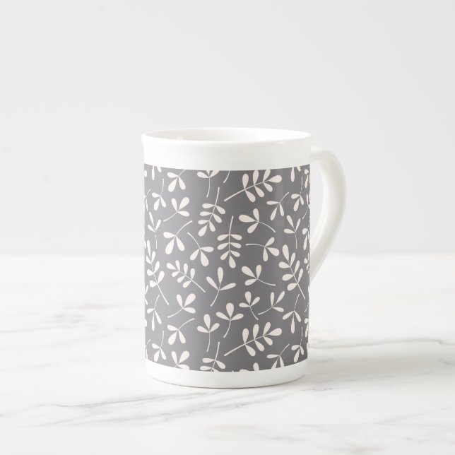 Assorted Leaves Pattern Cream on Gray Bone China Mug (Front Right)
