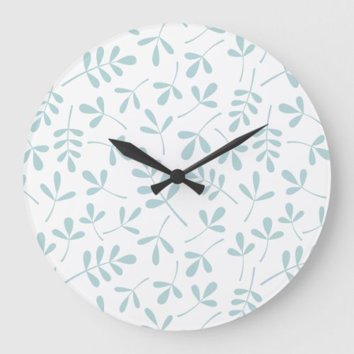 Assorted Leaves Pattern Duck Egg Blue on White Large Clock