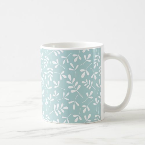 Assorted Leaves Pattern White on Duck Egg Blue Coffee Mug