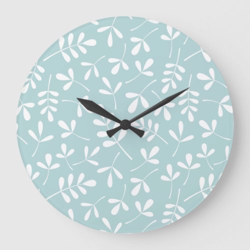 Assorted Leaves Pattern White on Duck Egg Blue Large Clock