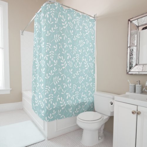 Assorted Leaves Pattern White on Duck Egg Blue Shower Curtain