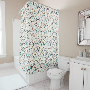 Assorted Leaves Rpt Ptn Teals Gold Brown on Cream Shower Curtain