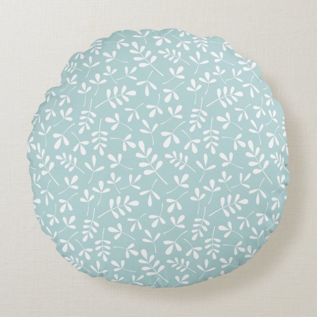 Assorted Leaves Rpt Ptn White on Duck Egg Blue Round Pillow (Front)