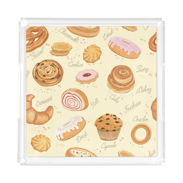 Assorted Pastries: Tasty Seamless Pattern. Acrylic Tray (Front)