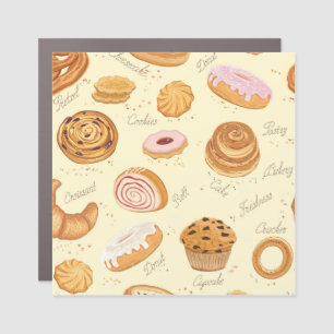 Assorted Pastries: Tasty Seamless Pattern. Car Magnet