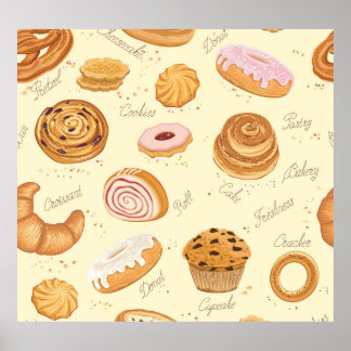 Assorted Pastries: Tasty Seamless Pattern. Poster