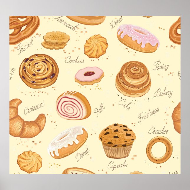Assorted Pastries: Tasty Seamless Pattern. Poster (Front)