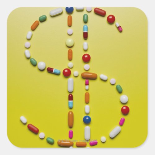 Assorted pills creating dollar symbol square sticker