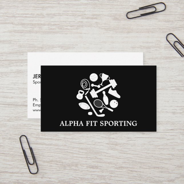 Assorted Sports Equipment Icons Business Card (Front/Back In Situ)