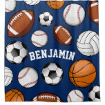 Assorted Sports Personalized Name Navy Blue Shower Curtain
