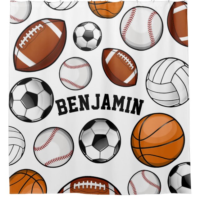 Assorted Sports Personalized Name White Shower Curtain (Front)