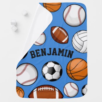 Assorted Sports Player Custom Name Baby Blue Stroller Blanket by HappyPlanetShop at Zazzle