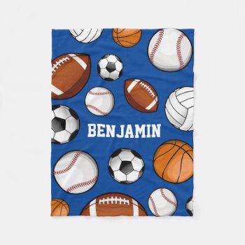 Assorted Sports Player Custom Name Blue Fleece Blanket by HappyPlanetShop at Zazzle
