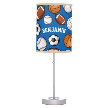 Assorted Sports Player Custom Name Blue Table Lamp by HappyPlanetShop at Zazzle