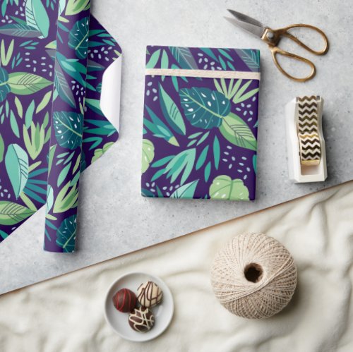 Assorted Tropical Green Leafs Pattern On Purple Wrapping Paper