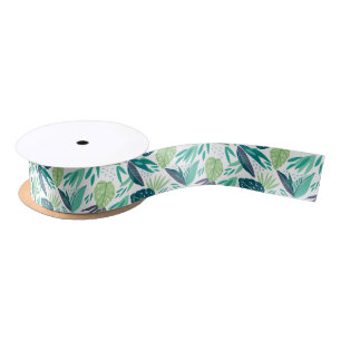 Assorted Tropical Green Leafs Pattern On White Satin Ribbon