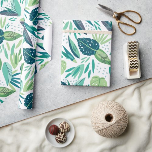 Assorted Tropical Green Leafs Pattern On White Wrapping Paper