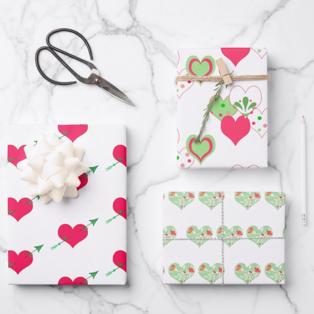 Assorted Valentine Hearts Wrapping Paper Sheets (Front)