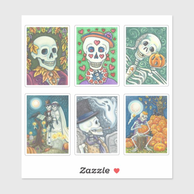ASSORTED WHIMSY SKULL, SKELETON DEAD FOLK STICKERS (Sheet)