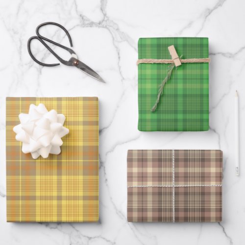 Assorted Yellow  Green and Brown Plaid Pattern  Wrapping Paper Sheets