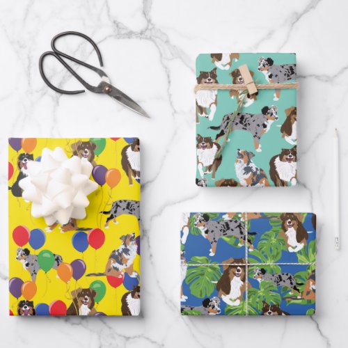 Assortment of Aussies Australian Shepherd Dogs Wrapping Paper Sheets