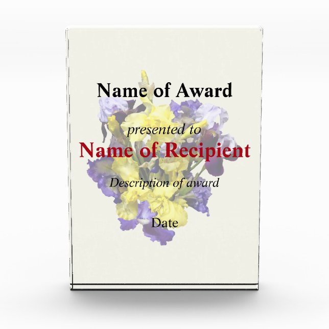 Assortment of Irises Yellow and Purple Acrylic Award (Front)