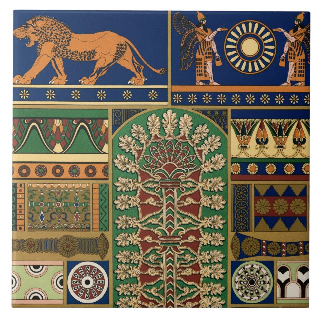 Assyrian Deity Apkallu, Winged Genius, Sun & Lion Ceramic Tile (Front)