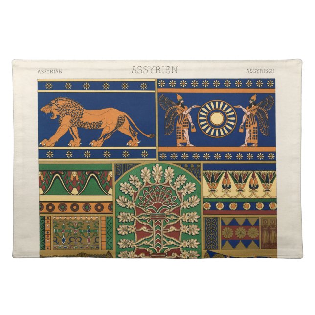 Assyrian Deity Apkallu, Winged Genius, Sun & Lion Cloth Placemat (Front)