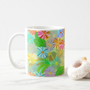 ASTER & CONE FLOWERS & TROPICAL LEAVES WATERCOLOR  COFFEE MUG